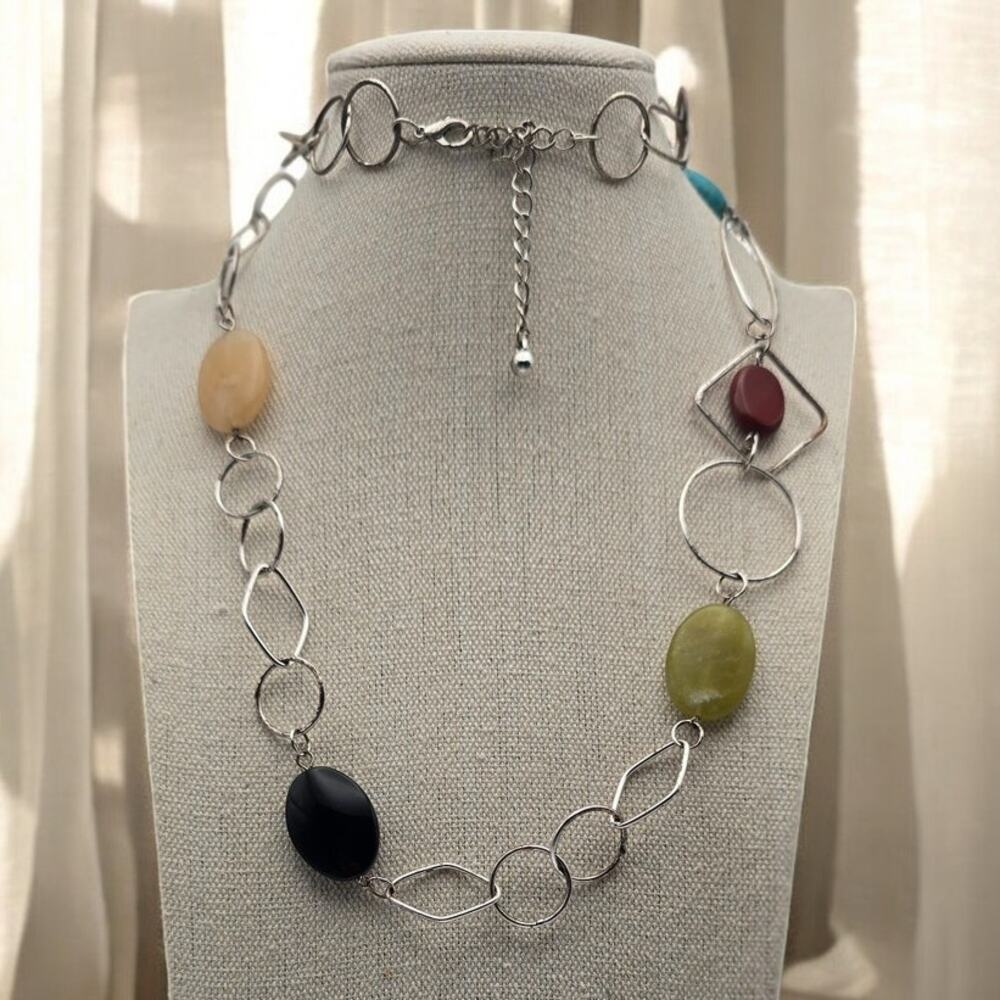 Geometric Link Chain Necklace Silver Oval Stone Earth Tone - Modern Chic